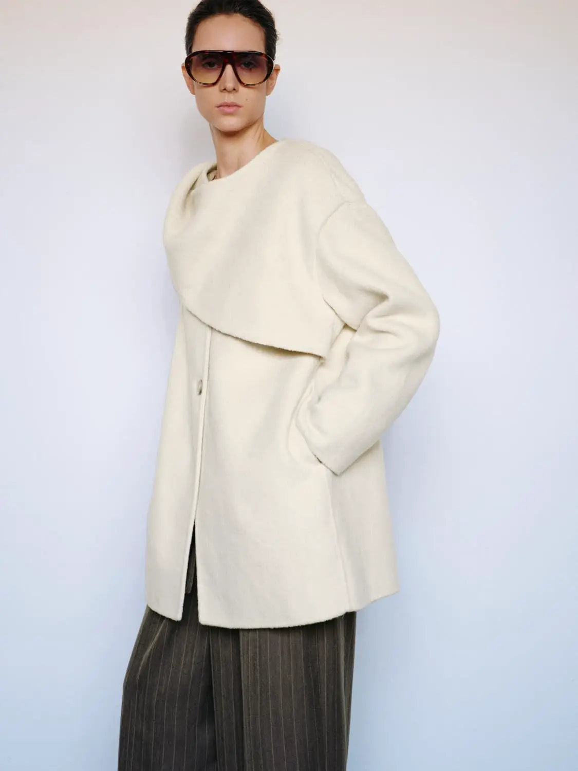 Coat by Urban Revivo Fashion in cream, wool-blend with an oversized draped collar