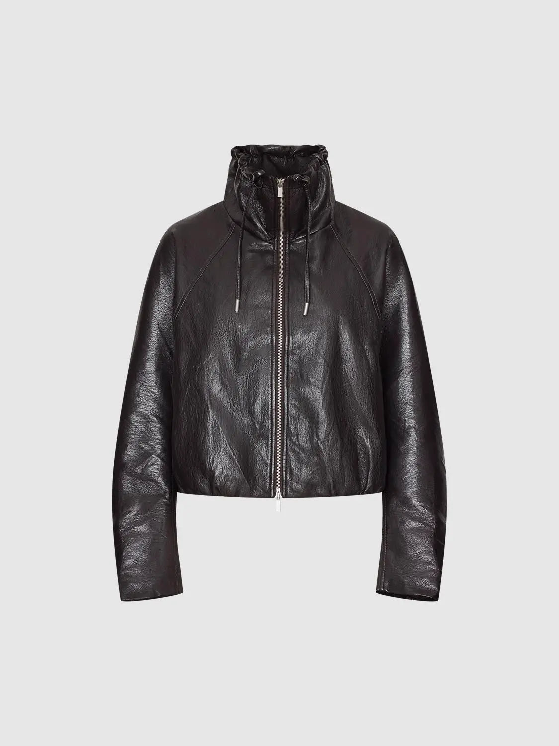 Jacket Black leather with silver zip front, high collar with drawstrings, Urban Revivo Fashion