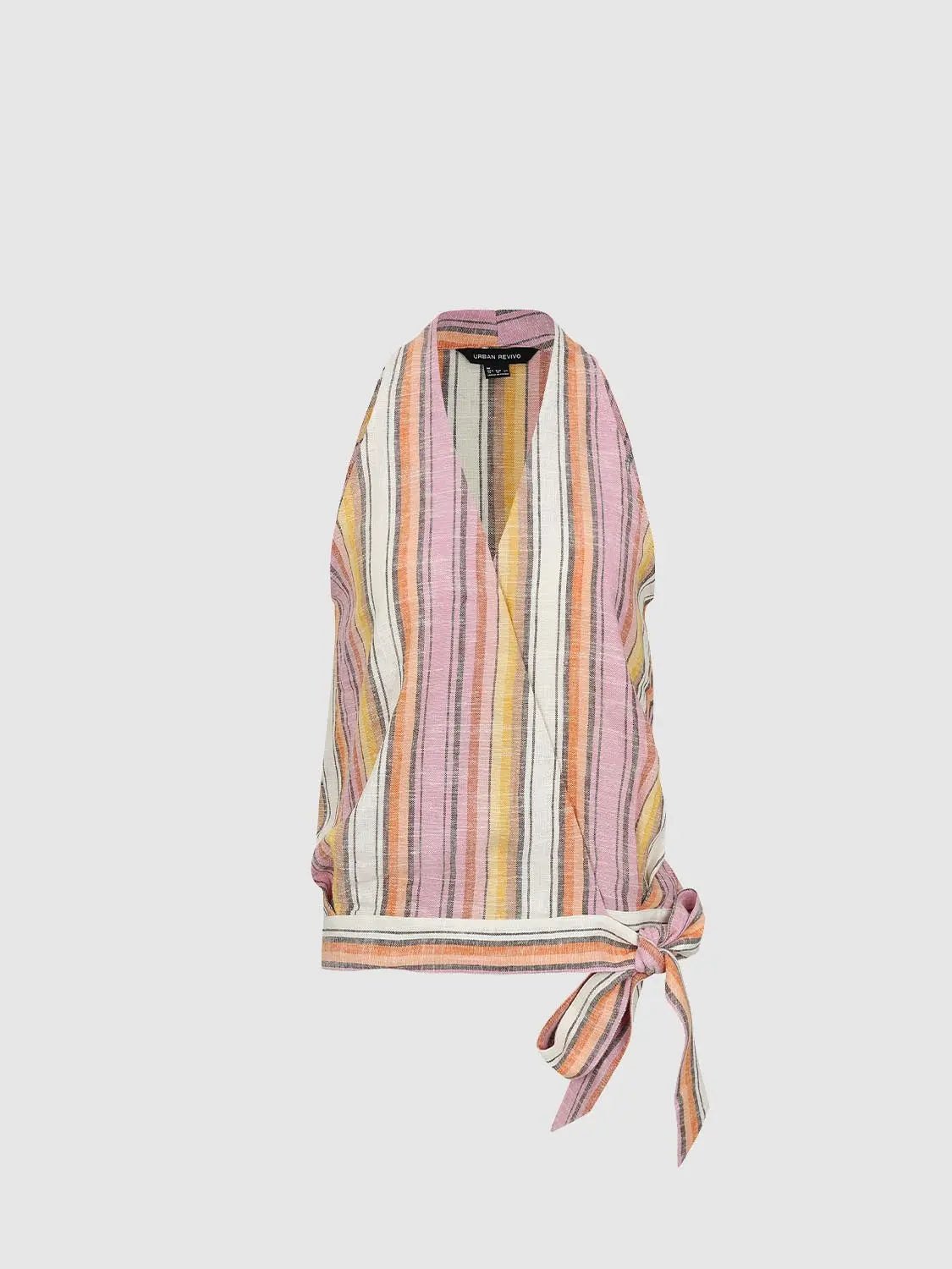 Button-Front Shirt by Urban Revivo Fashion, multicolor striped wrap design with side tie.
