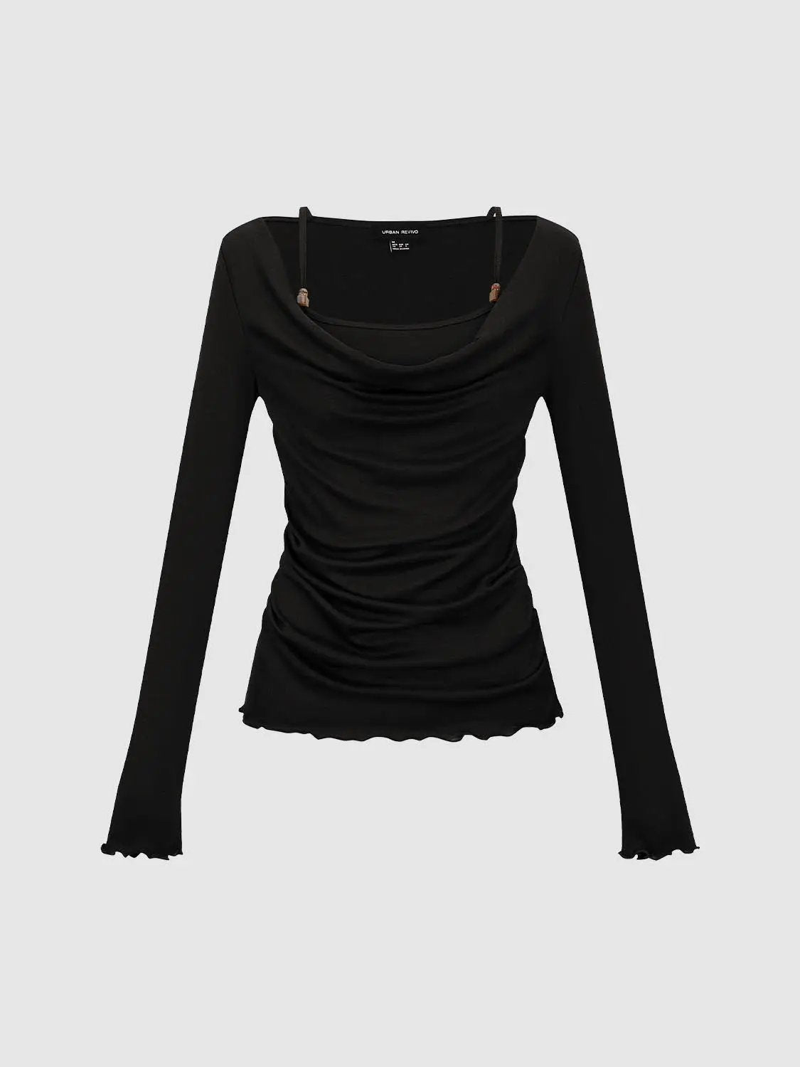 T-Shirt by Urban Revivo Fashion, black long-sleeve top with ruched front and draped scoop neckline.