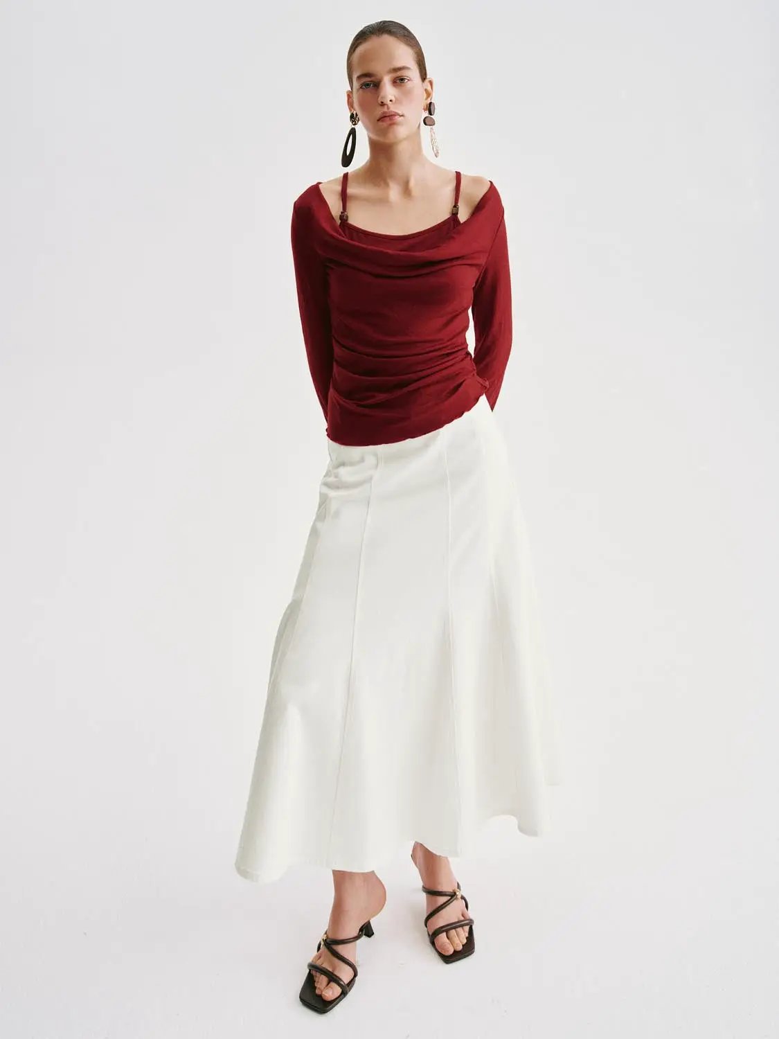 T-Shirt Urban Revivo Fashion burgundy long-sleeve top with a draped neckline.