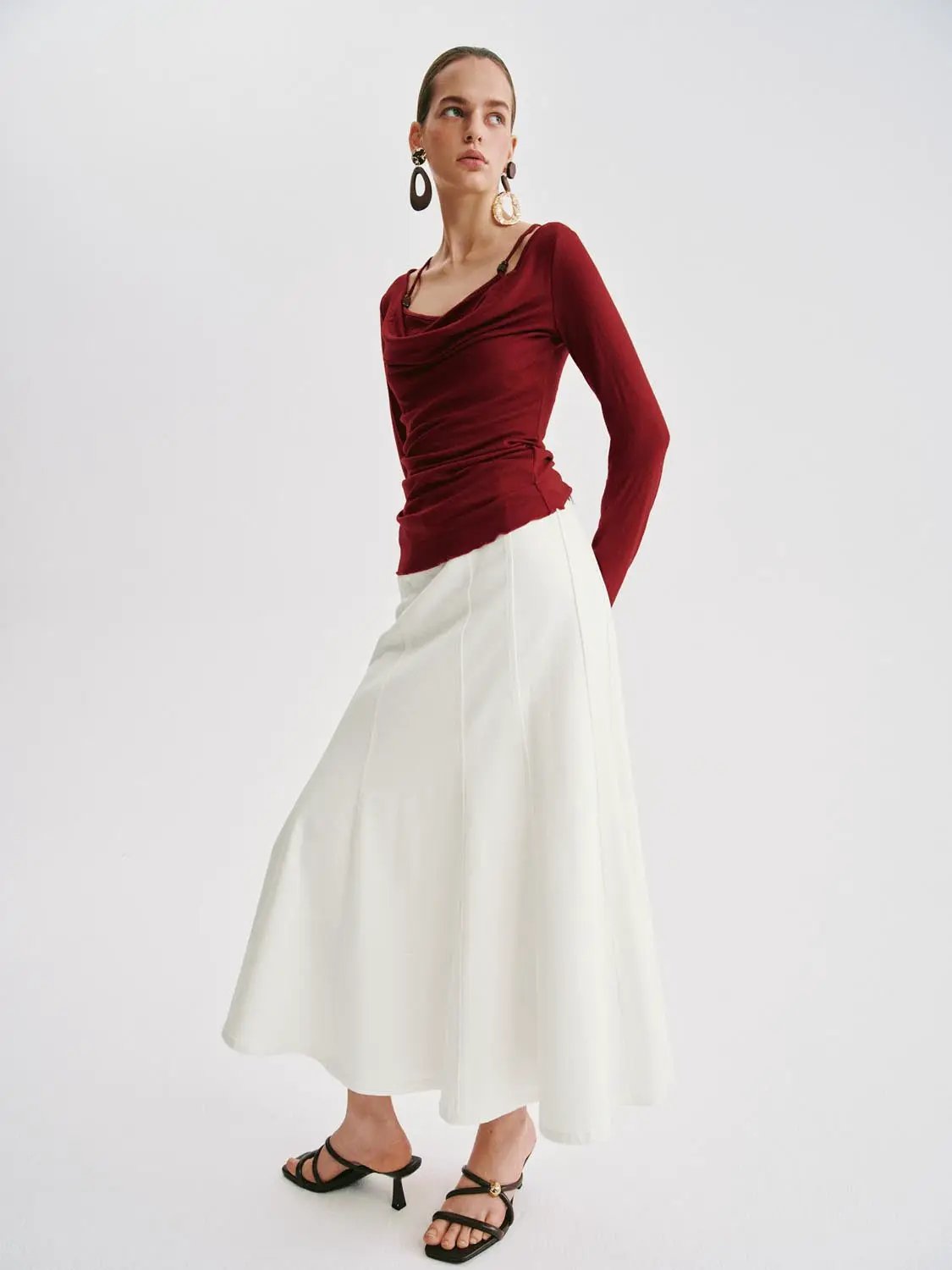 T shirt by Urban Revivo Fashion in burgundy with a draped neckline and long sleeves