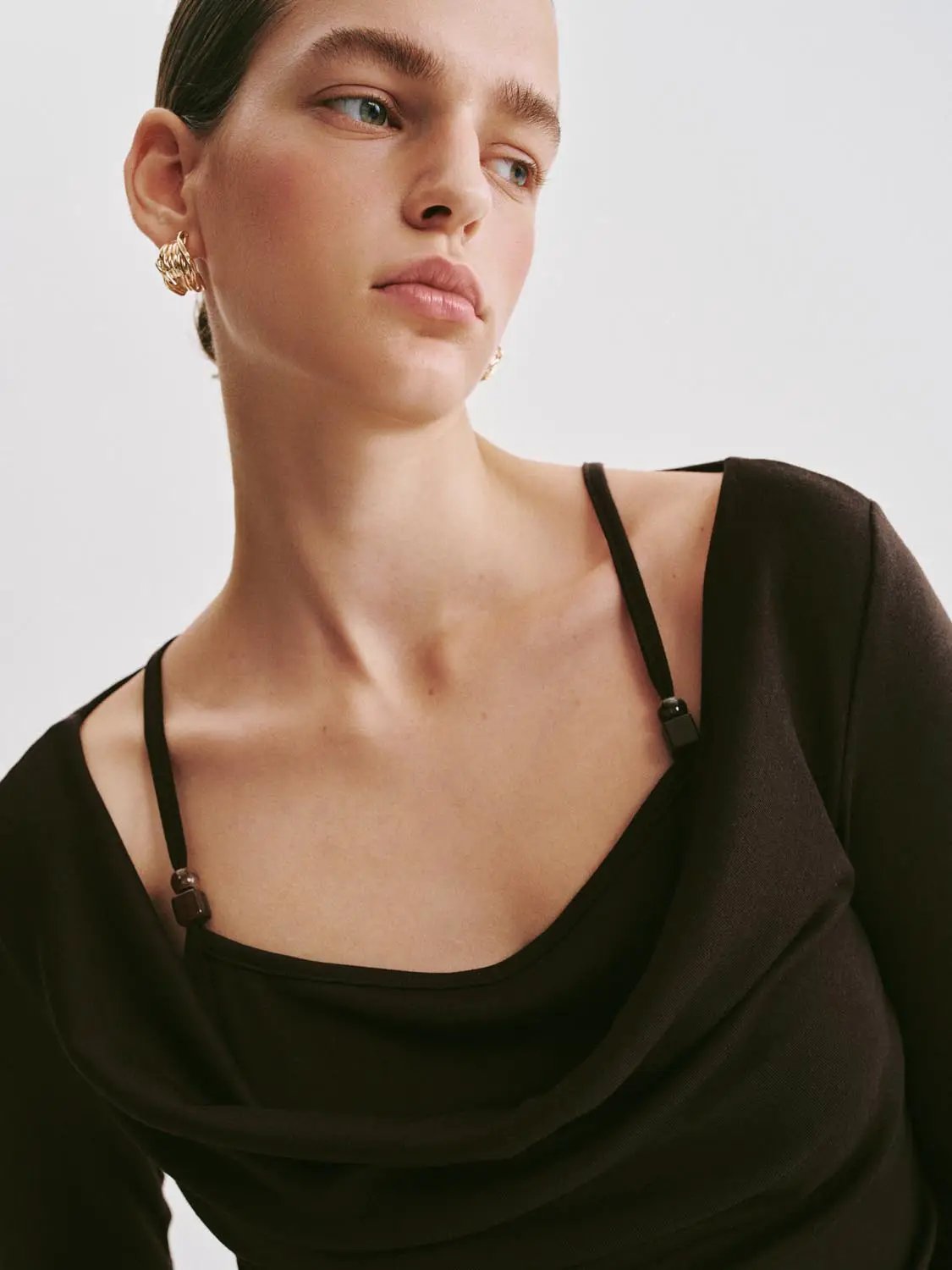 T-Shirt black top with draped neckline and thin spaghetti straps