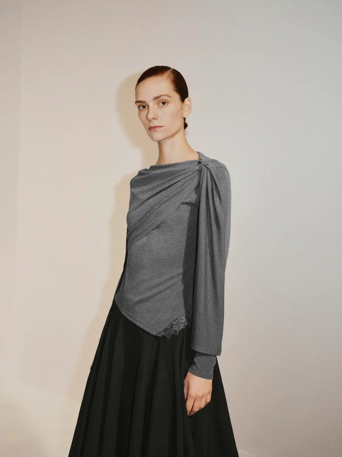 Draped One-Shoulder Long Sleeve Blouse in gray by Urban Revivo Fashion