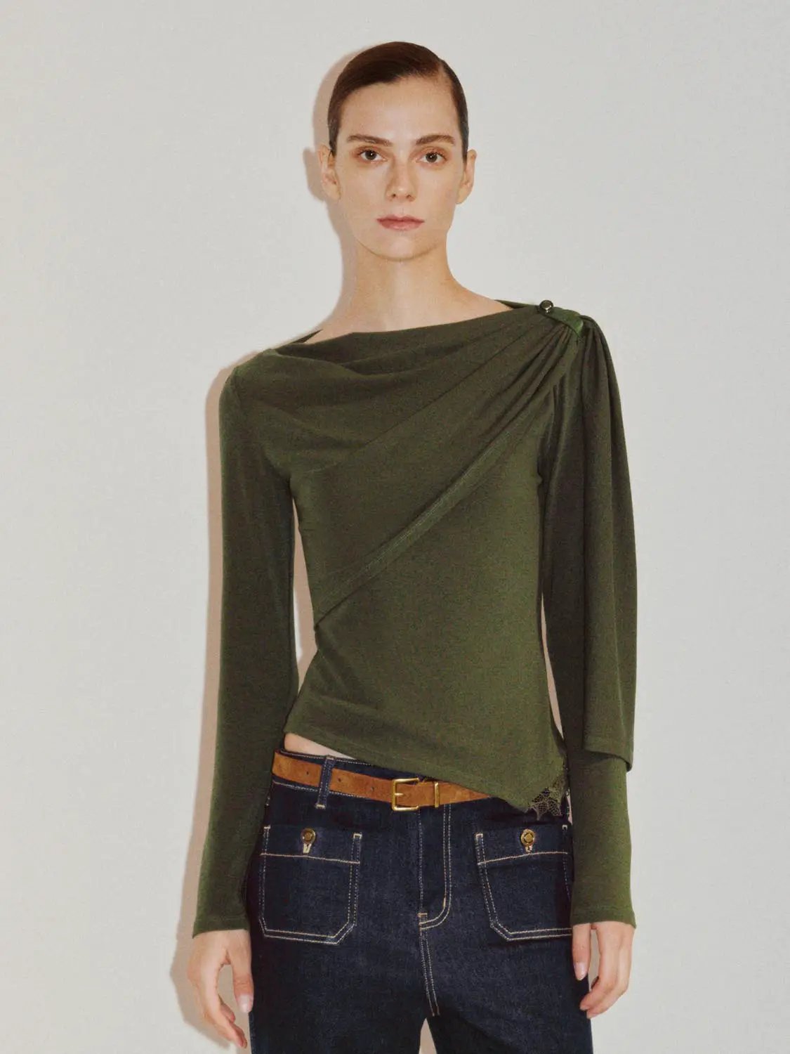 Draped One-Shoulder Long Sleeve Blouse by Urban Revivo Fashion in olive green