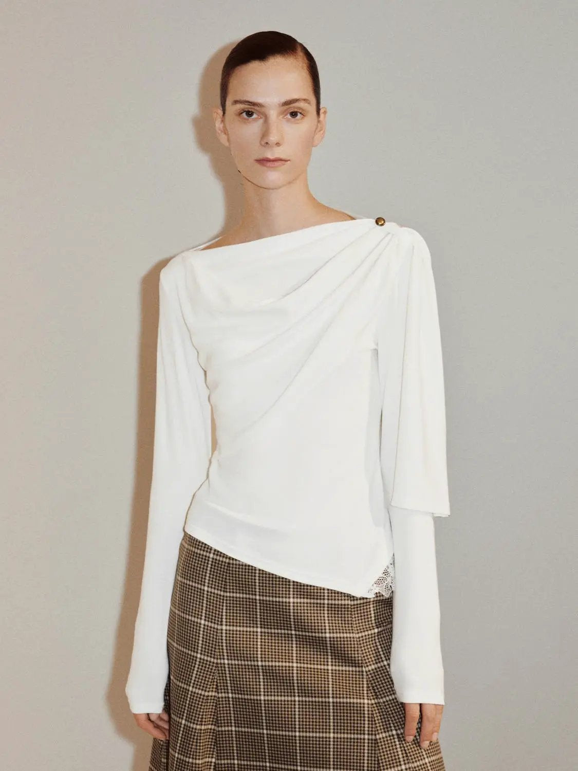 Draped One-Shoulder Long-Sleeve Blouse, white with gold shoulder button detail, Urban Revivo Fashion