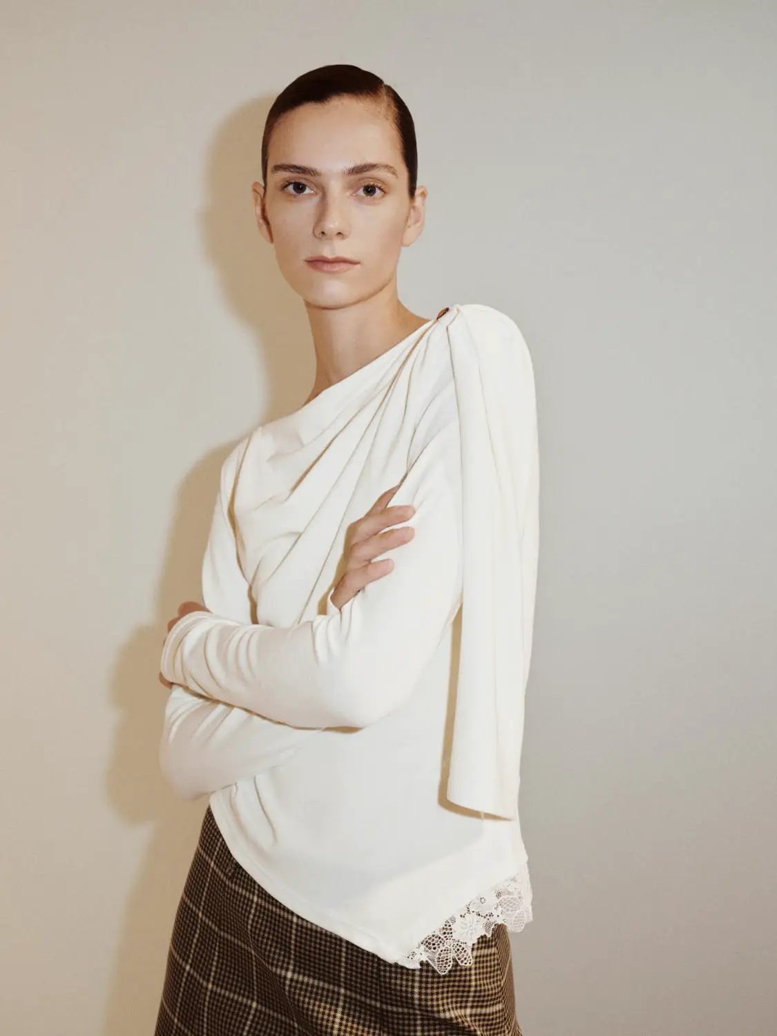 Draped One-Shoulder Long Sleeve Blouse, white fabric with lace hem, Urban Revivo Fashion.