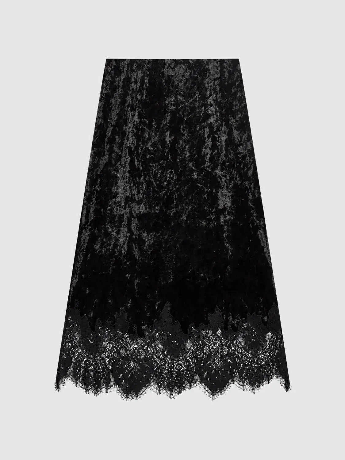 Scalloped Lace Hem Crushed Textured H-line Skirt, black lace with straight silhouette.