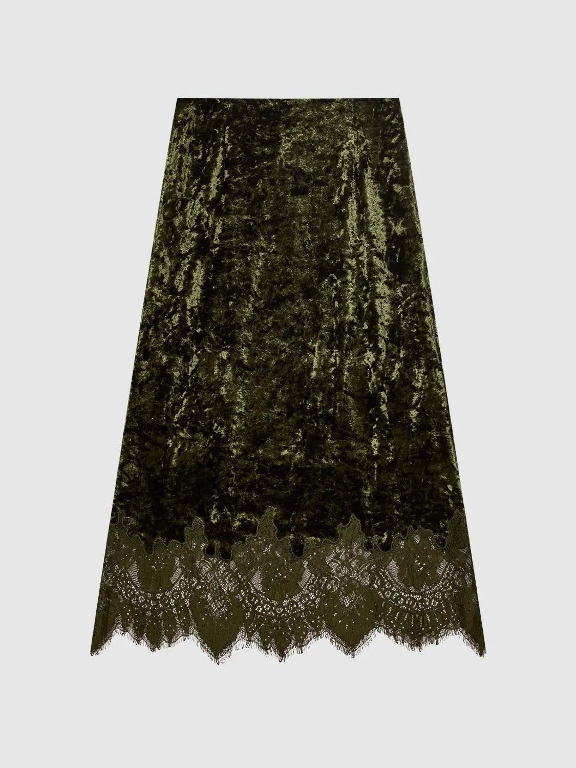 Scalloped Lace Hem Crushed Velvet H-line Skirt in olive green with lace trim