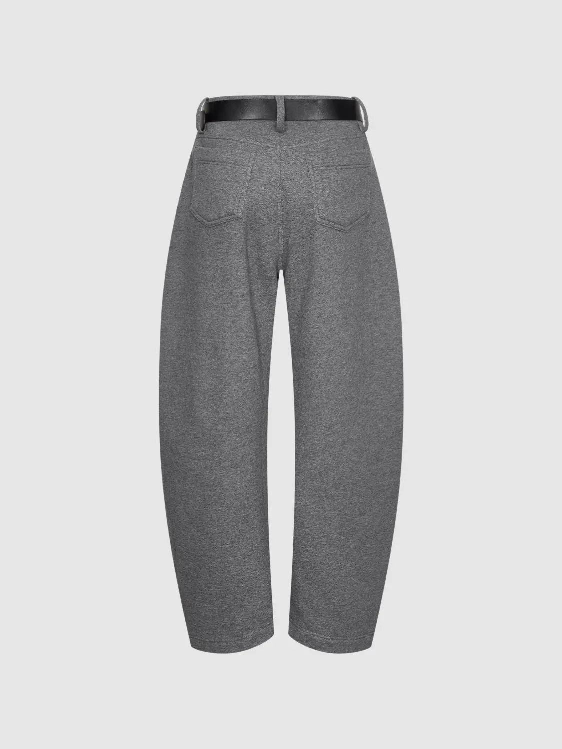 Barrel-leg pants, gray heather fabric, back view with two pockets and a black belt