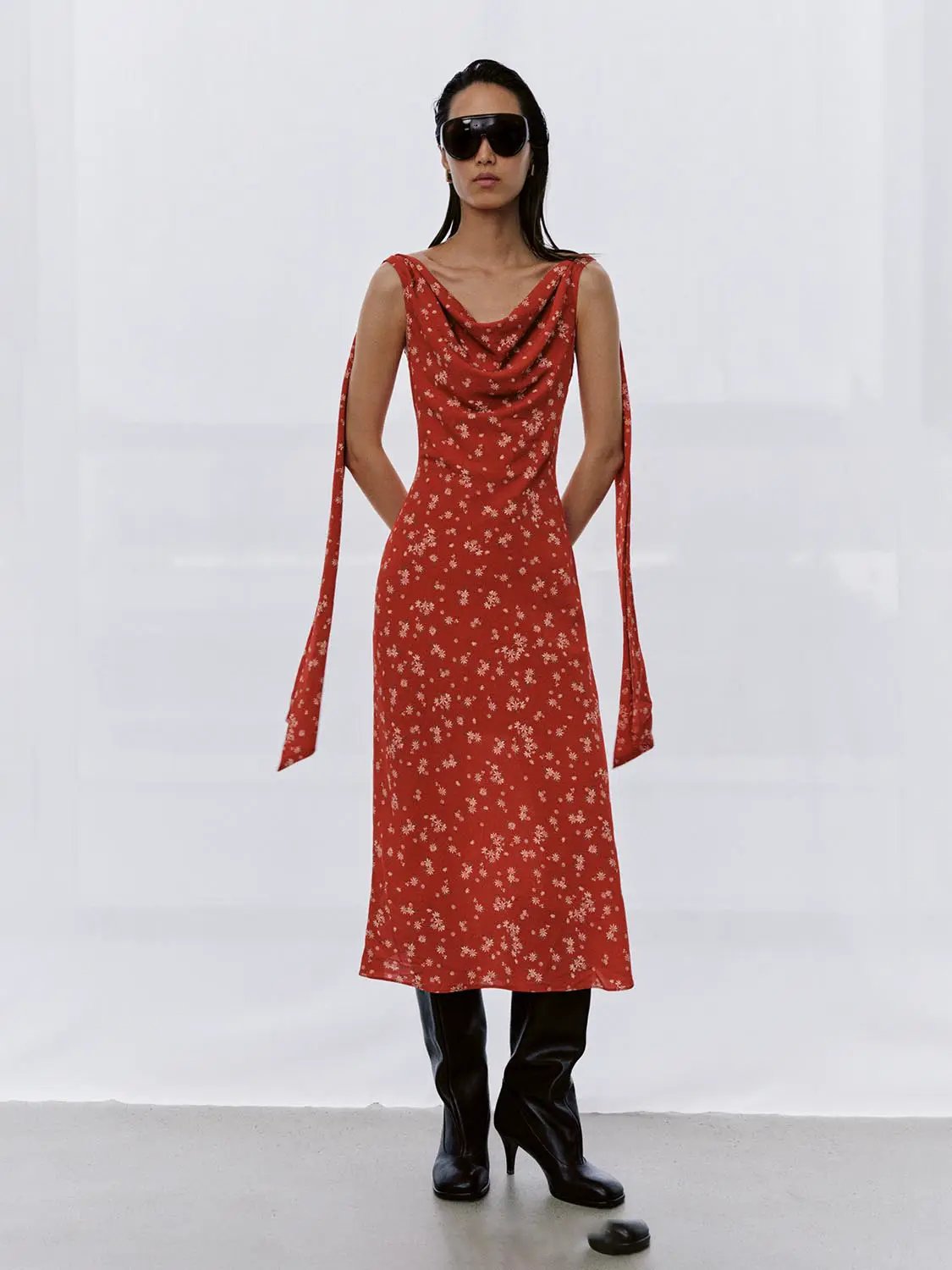 Cowl Neck Sleeveless Straight Midi Dresses by Urban Revivo Fashion
