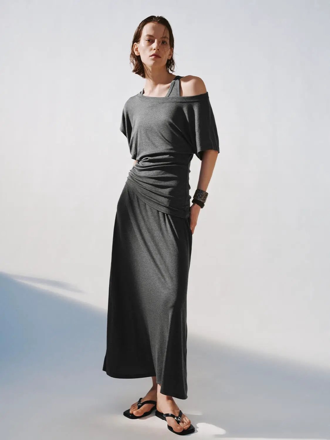 Boat Neck Strappy Draped Straight Midi Dress in charcoal gray
