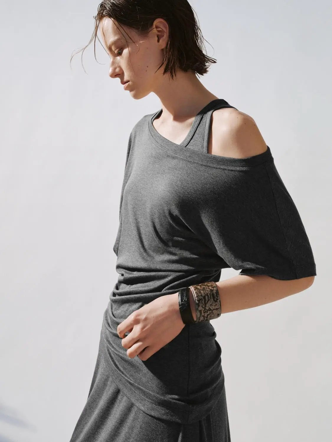 Boat-neck strappy draped straight midi dress in charcoal grey by Urban Revivo Fashion.
