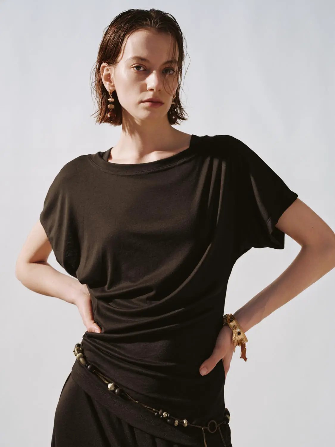 Boat Neck Strappy Draped Straight Midi Dress in black, worn by a model.