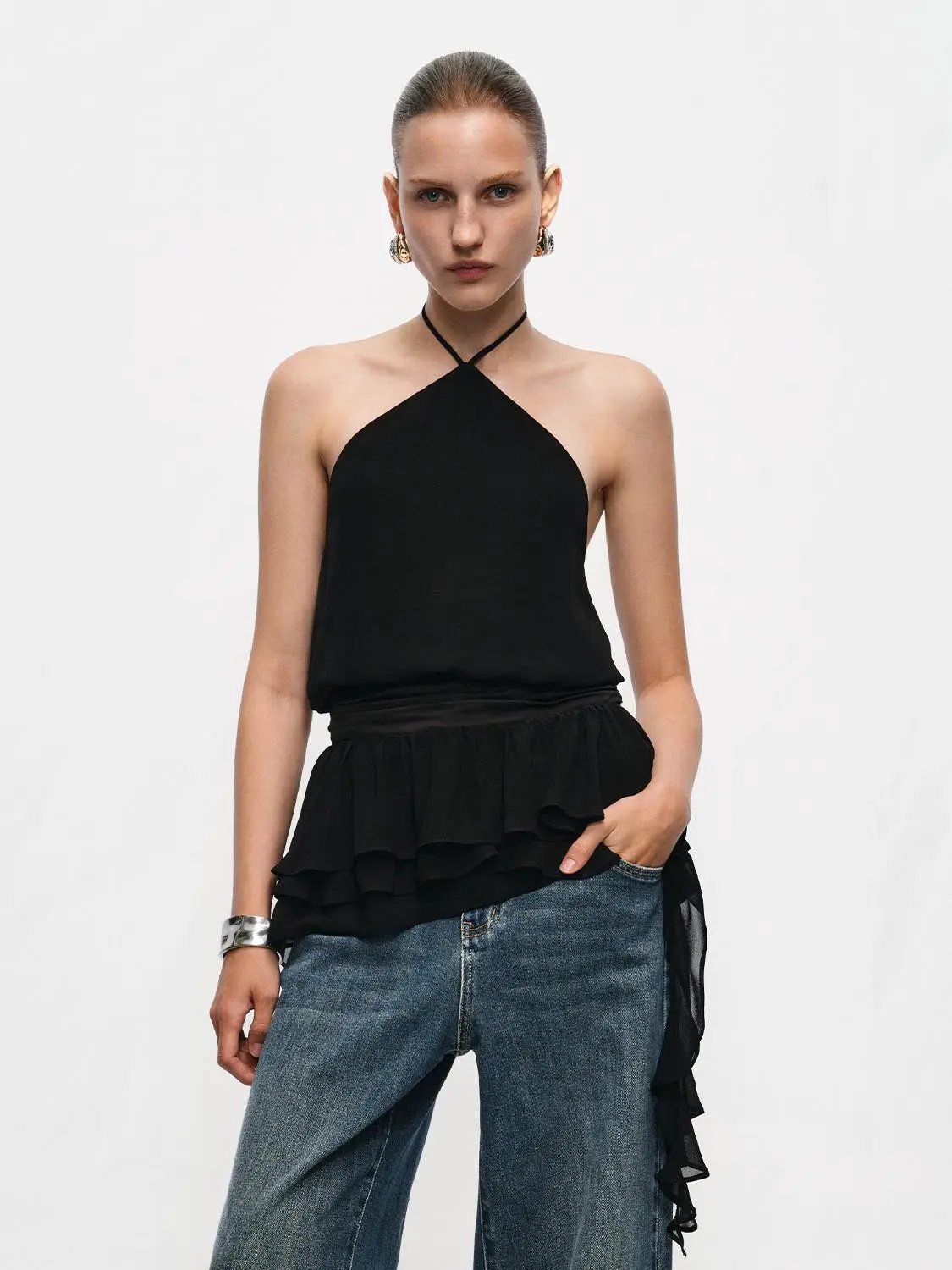 Halter neck evening A-line tiered ruffle dress in black with layered peplum ruffles