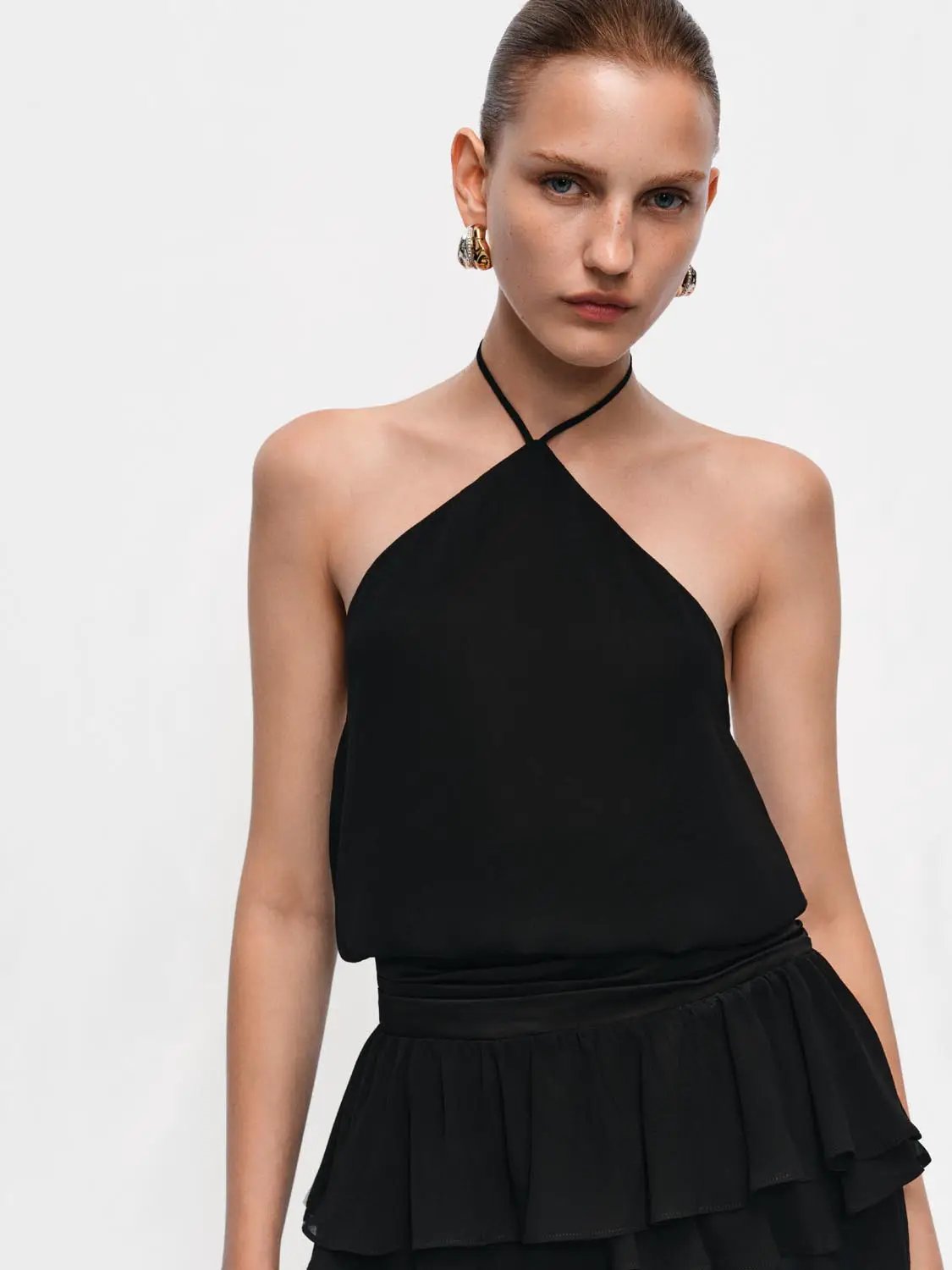 Halter Neck Evening A-line Tiered Ruffle Dress in black.
