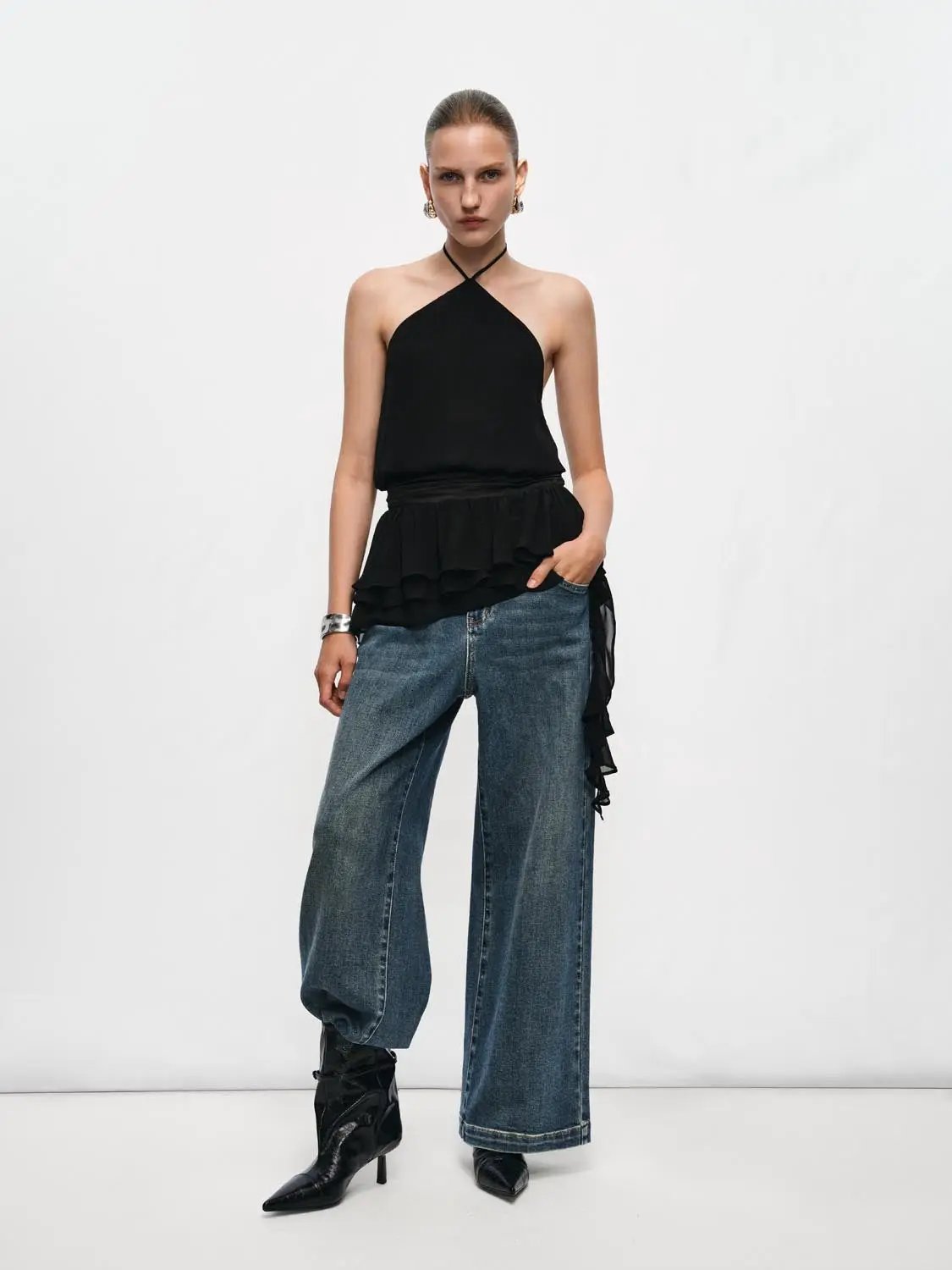 Halter Neck Evening A-line Tiered Ruffle Dress in black