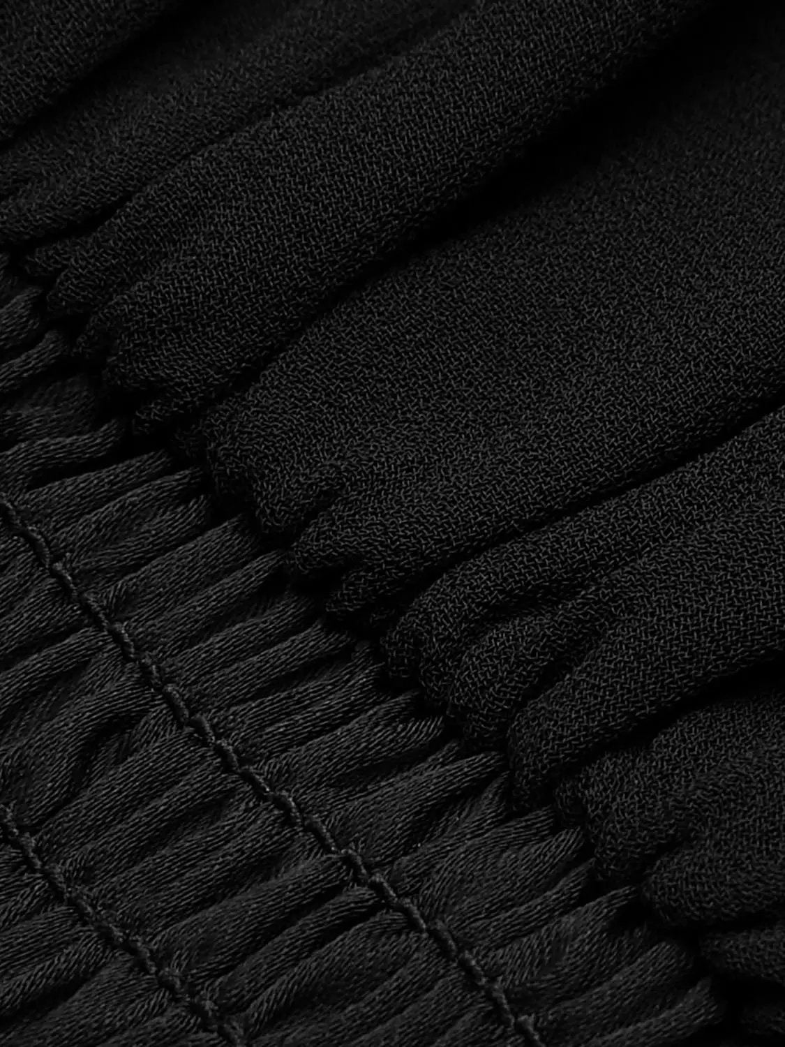 Halter Neck Evening A-line Tiered Ruffle Dress by Urban Revivo in black; close-up of shirred elastic fabric.