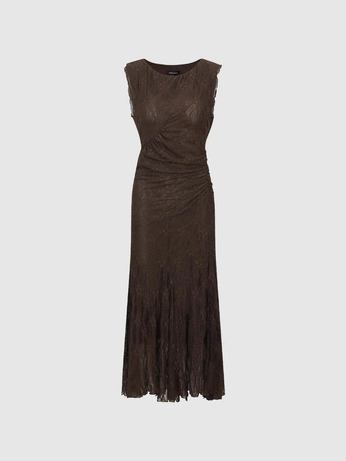 A-Line dress by Urban Revivo Fashion, brown lace, floor-length with ruched waist.