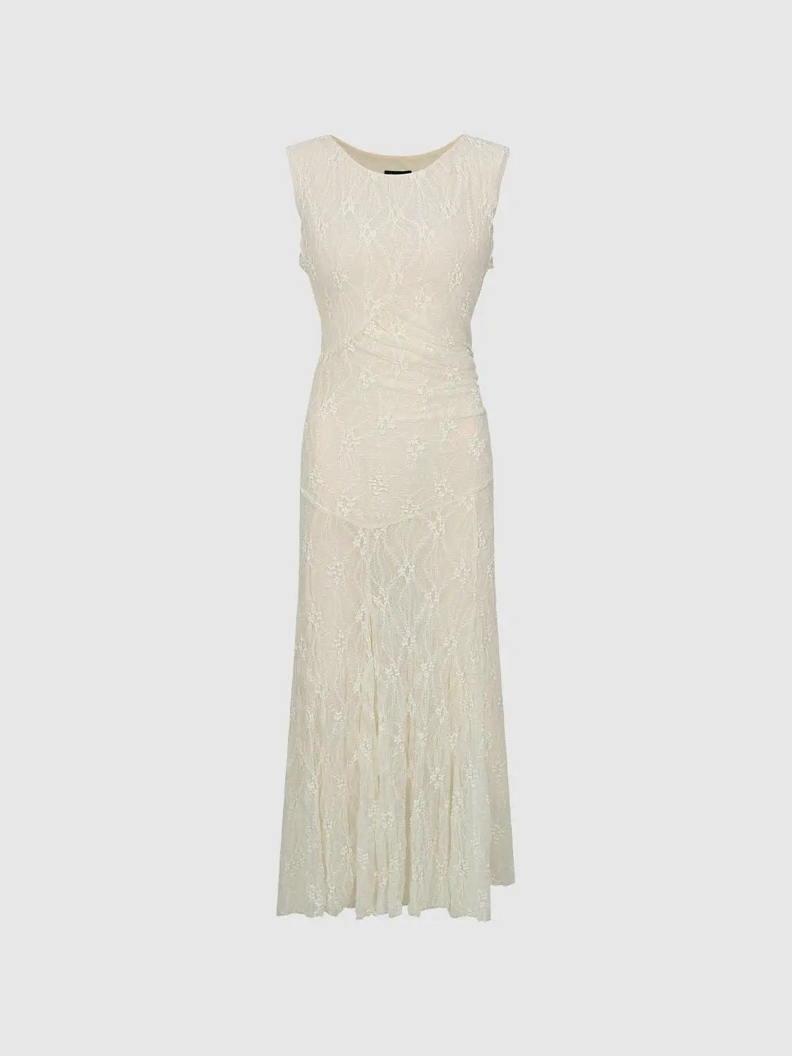 A-Line dress, ivory lace, sleeveless, floor-length with floral pattern