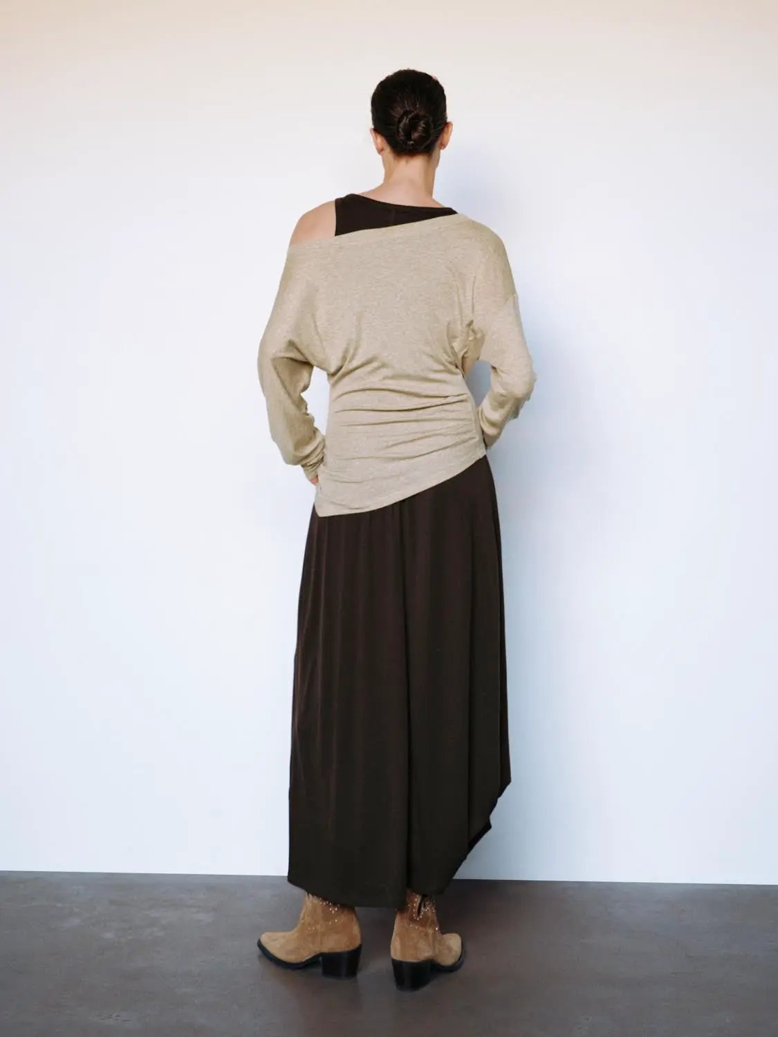 Ruched Asymmetric Long Sleeve A-Line Maxi Dress in beige and brown tones