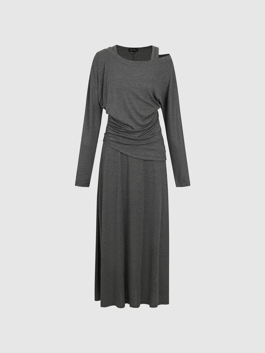 Ruched wrap crew neck long-sleeve midi dress in gray by Urban Revivo.