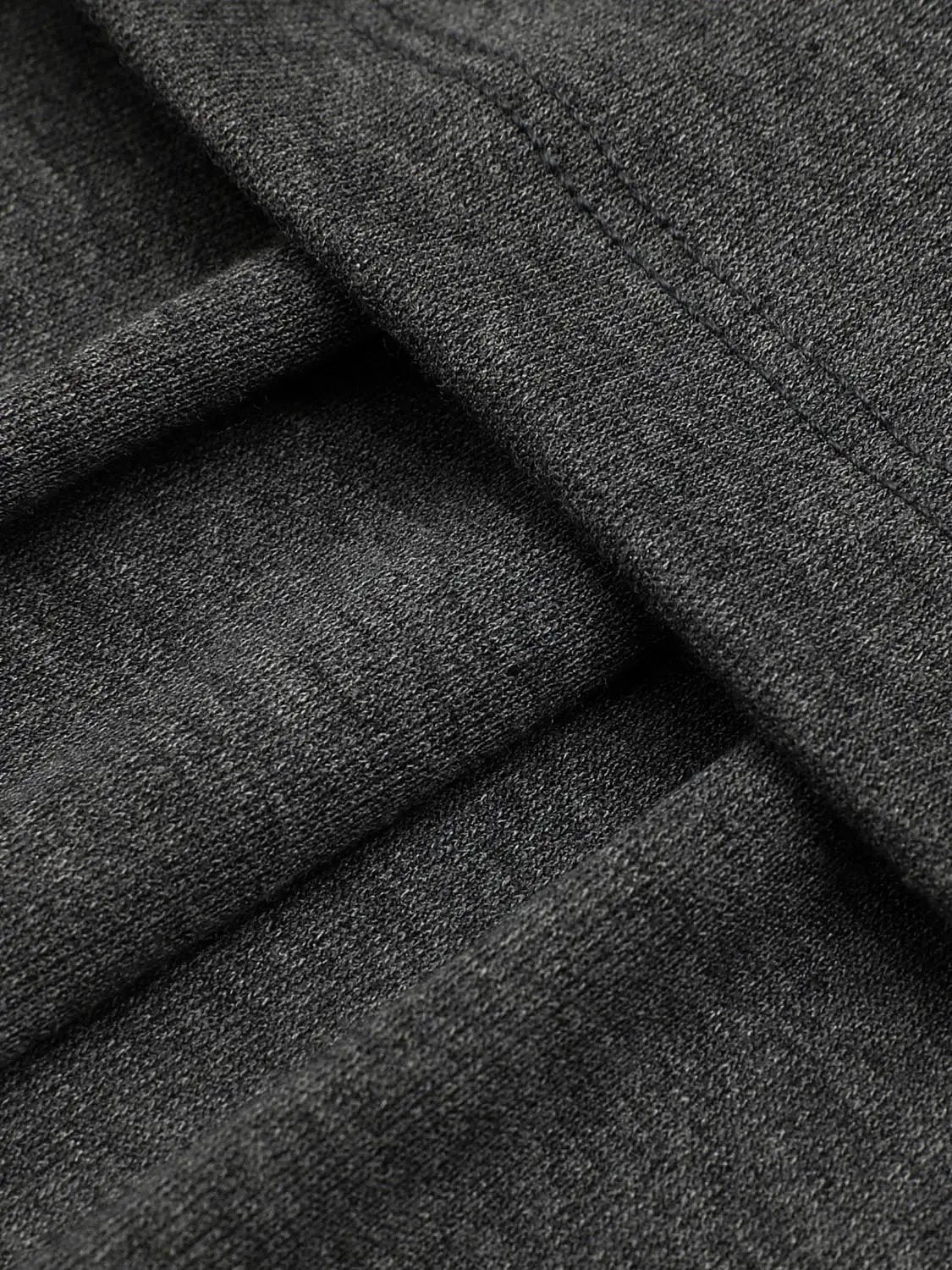 Ruched wrap crew neck long sleeve midi dress in charcoal gray knit fabric close-up