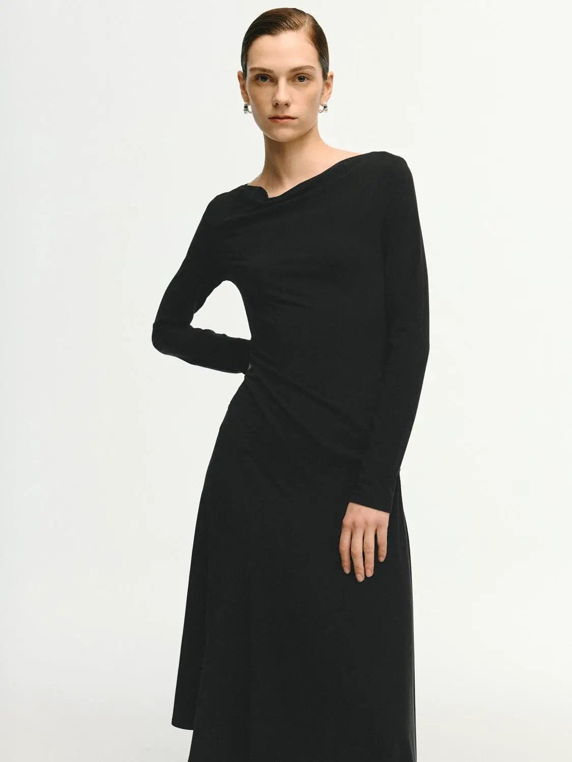 Cowl Neck Ruched Long Sleeve Asymmetric Hem Midi Dress in black