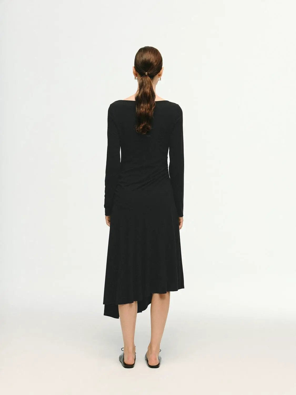 Cowl neck ruched long-sleeve midi dress, black, A-line with asymmetric hem