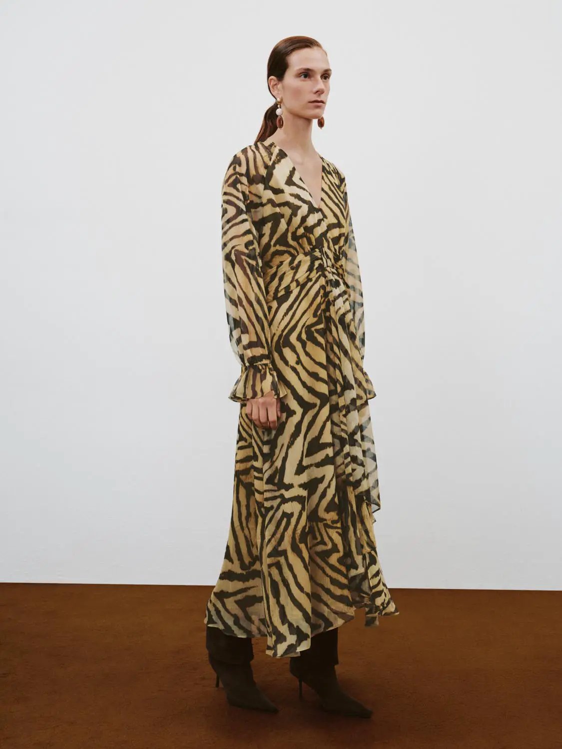 A-line dress with zebra-print beige and black, long sleeves, wrap waist, floor-length