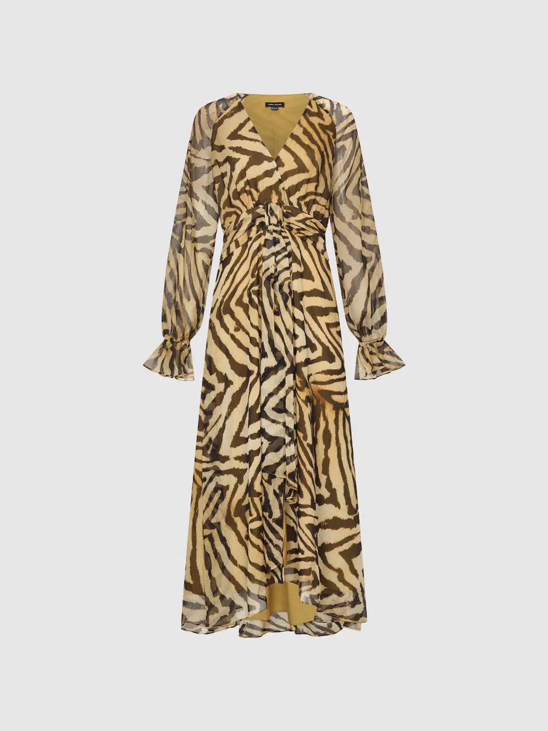 A-line dress by Urban Revivo Fashion in tiger print with wrap waist, long sheer sleeves, maxi length