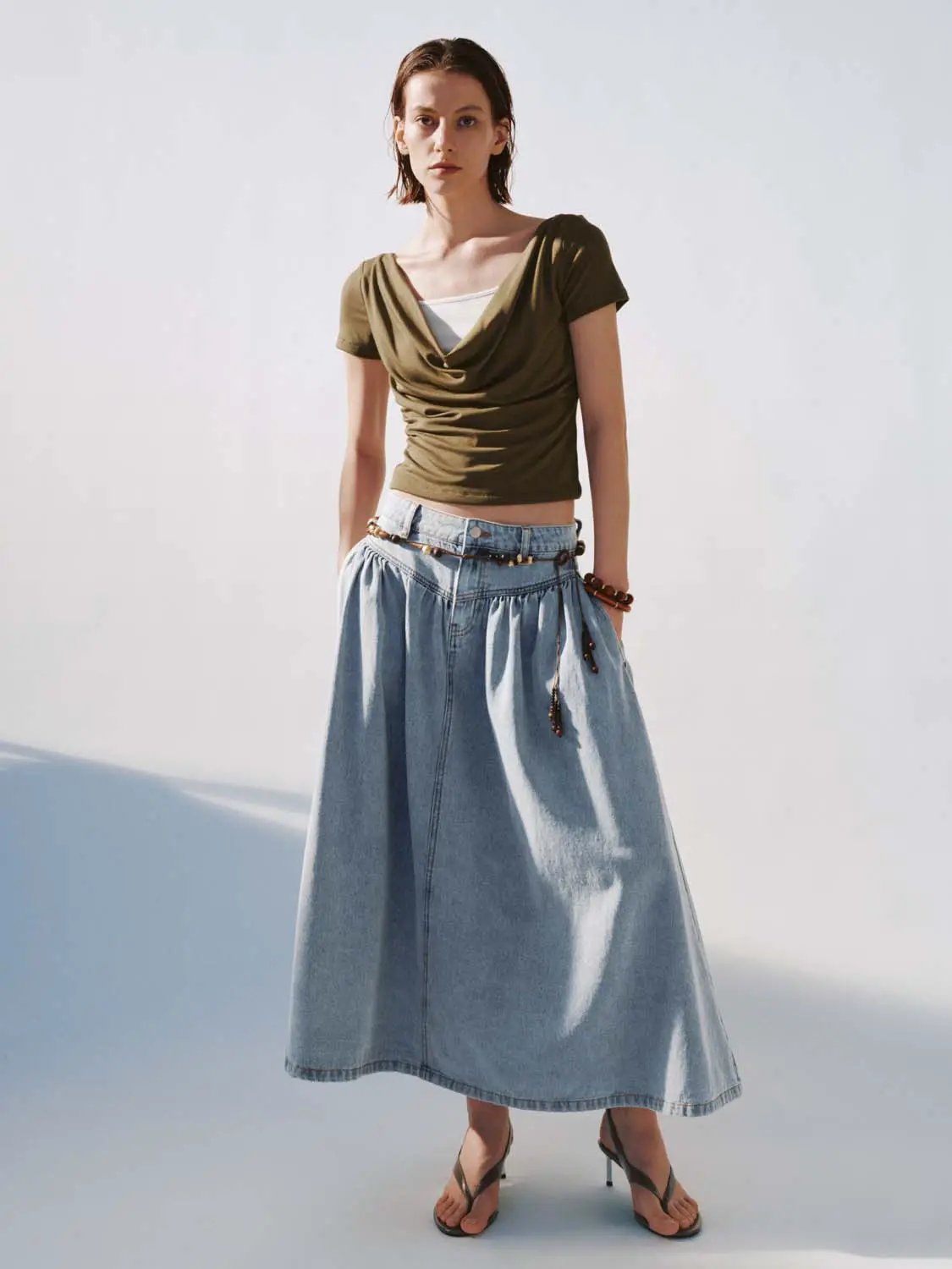 Cotton Shirring Detail Denim Aline Midi Skirt, light blue, Urban Revivo Fashion