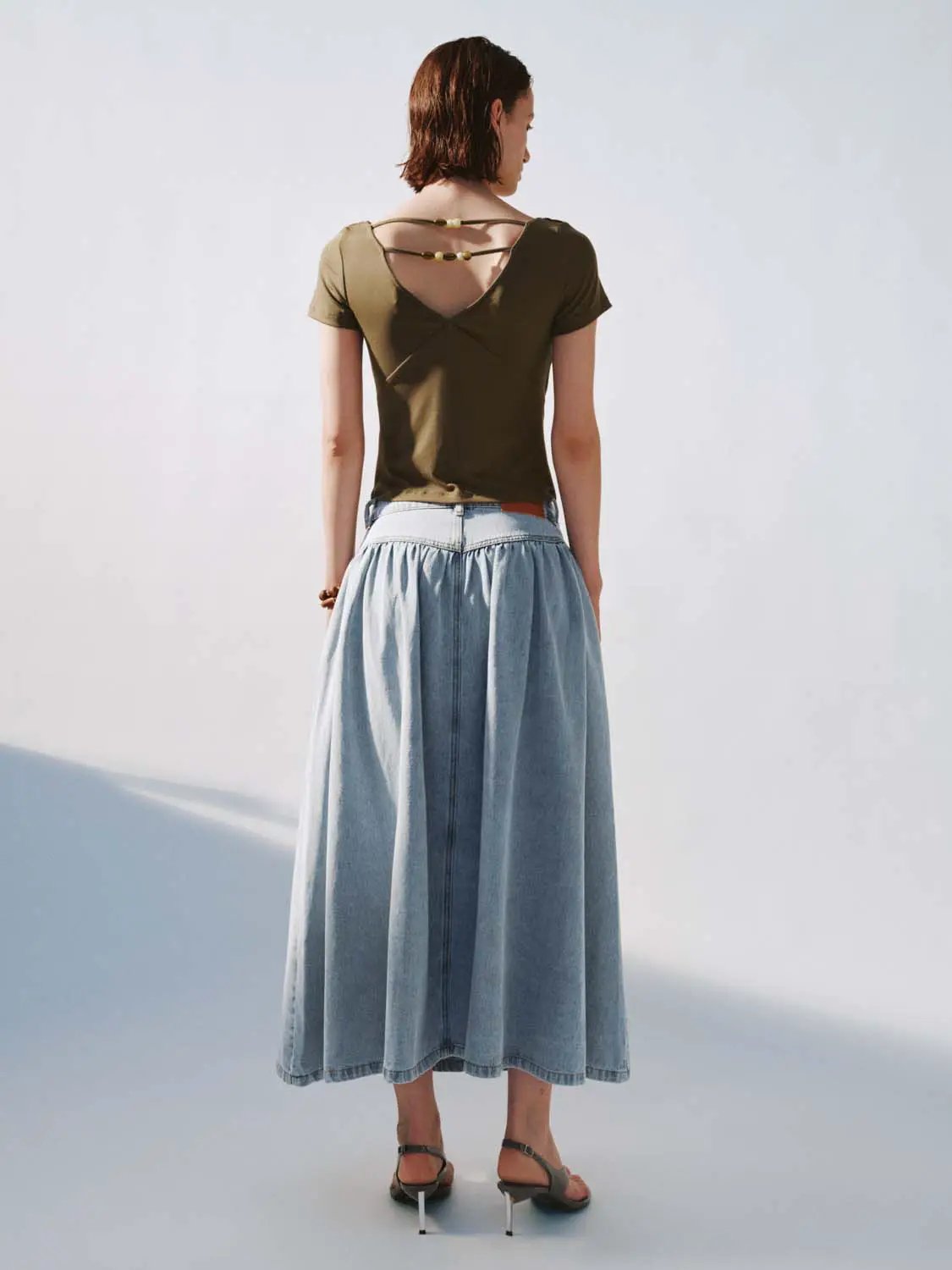 Cotton shirring detail denim A-line midi skirt by Urban Revivo Fashion, light blue