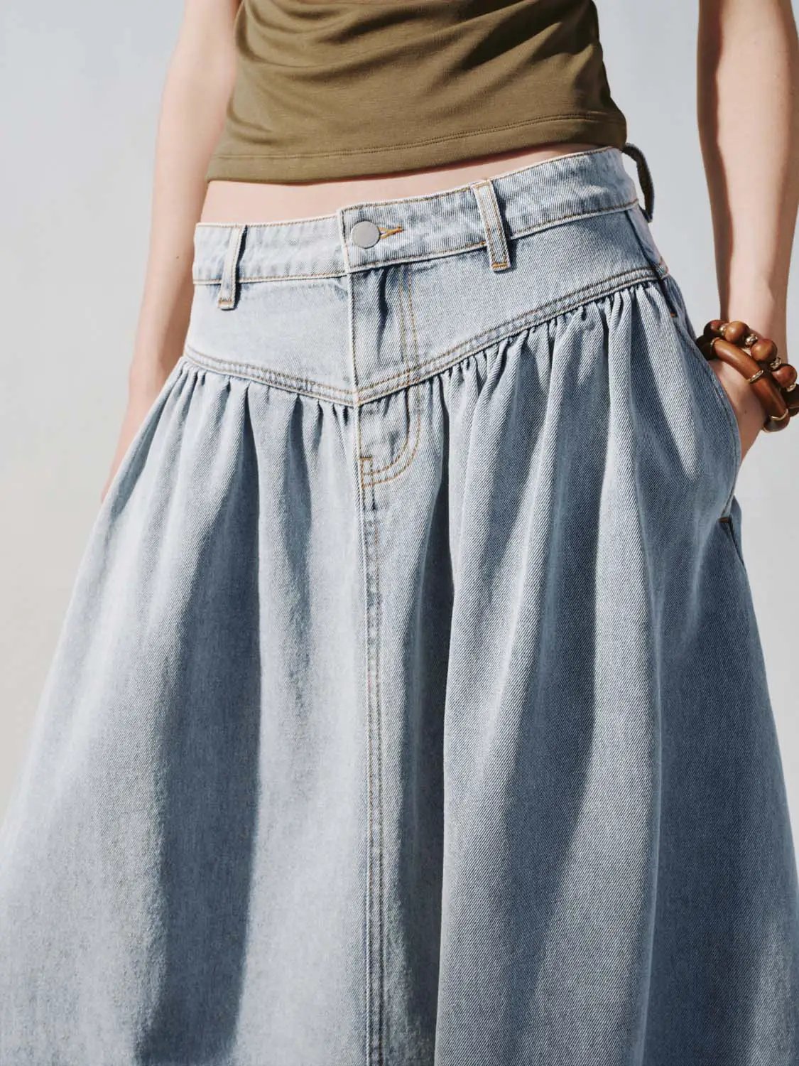 Cotton shirring detail denim Aline midi skirt, light-wash blue