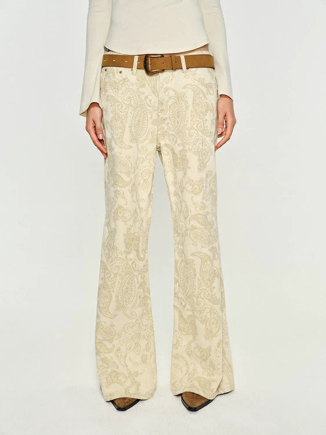 Casual jeans by Urban Revivo Fashion, beige paisley print wide-leg pants with brown belt