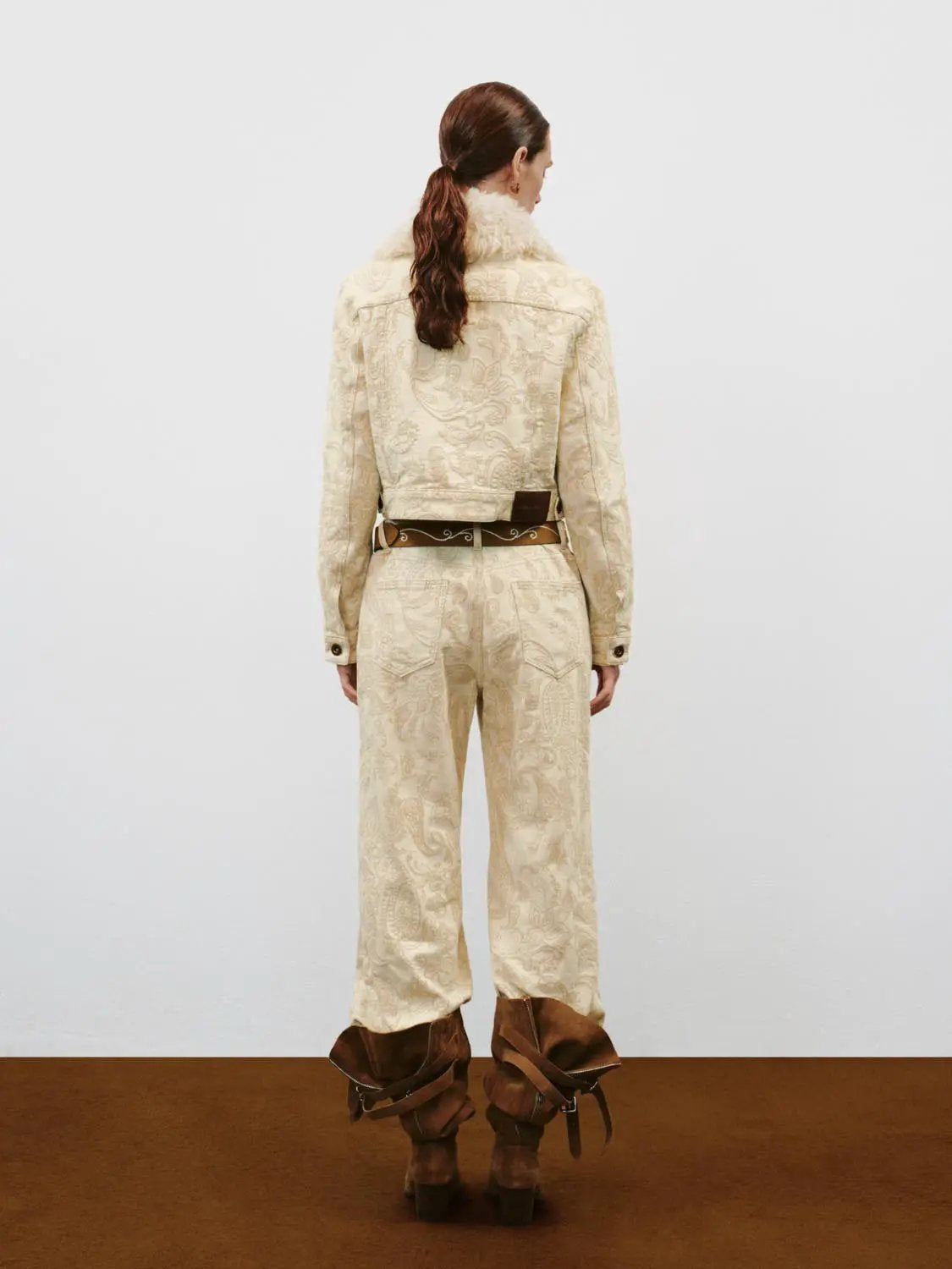 Casual jeans by Urban Revivo Fashion in beige paisley print, back view