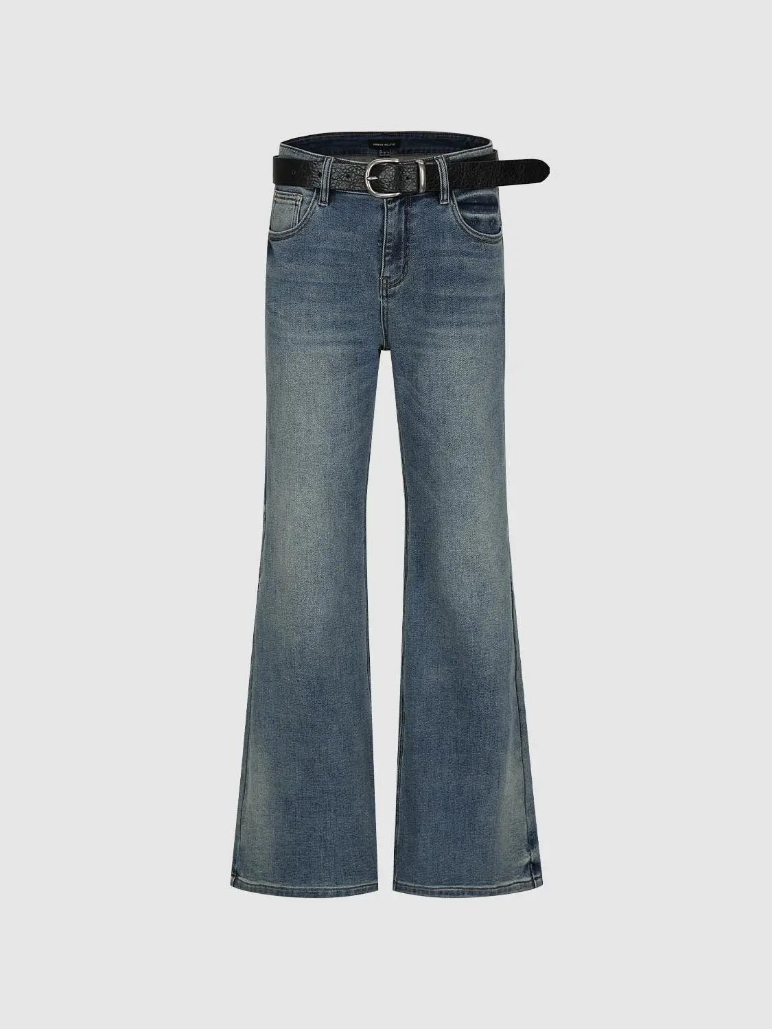 High-waisted stretch cotton-blend flare jeans, blue denim with black belt, Urban Revivo Fashion