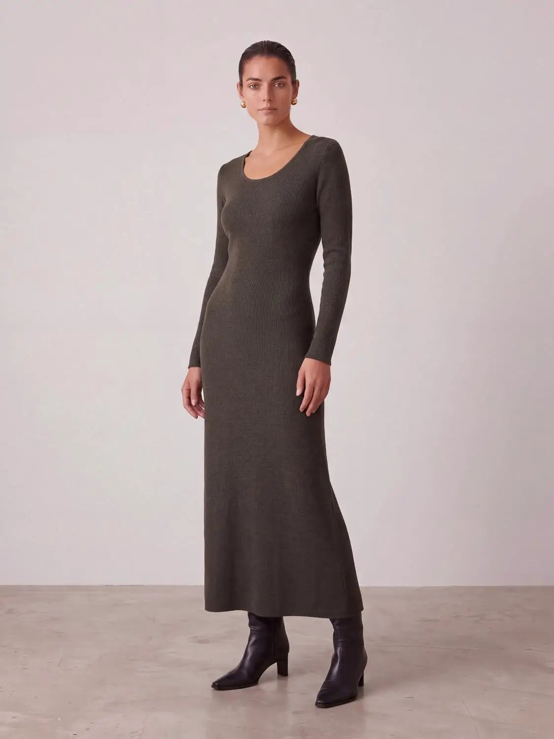 Tie-Front Knitted Dress in olive green, long-sleeve knit maxi dress.