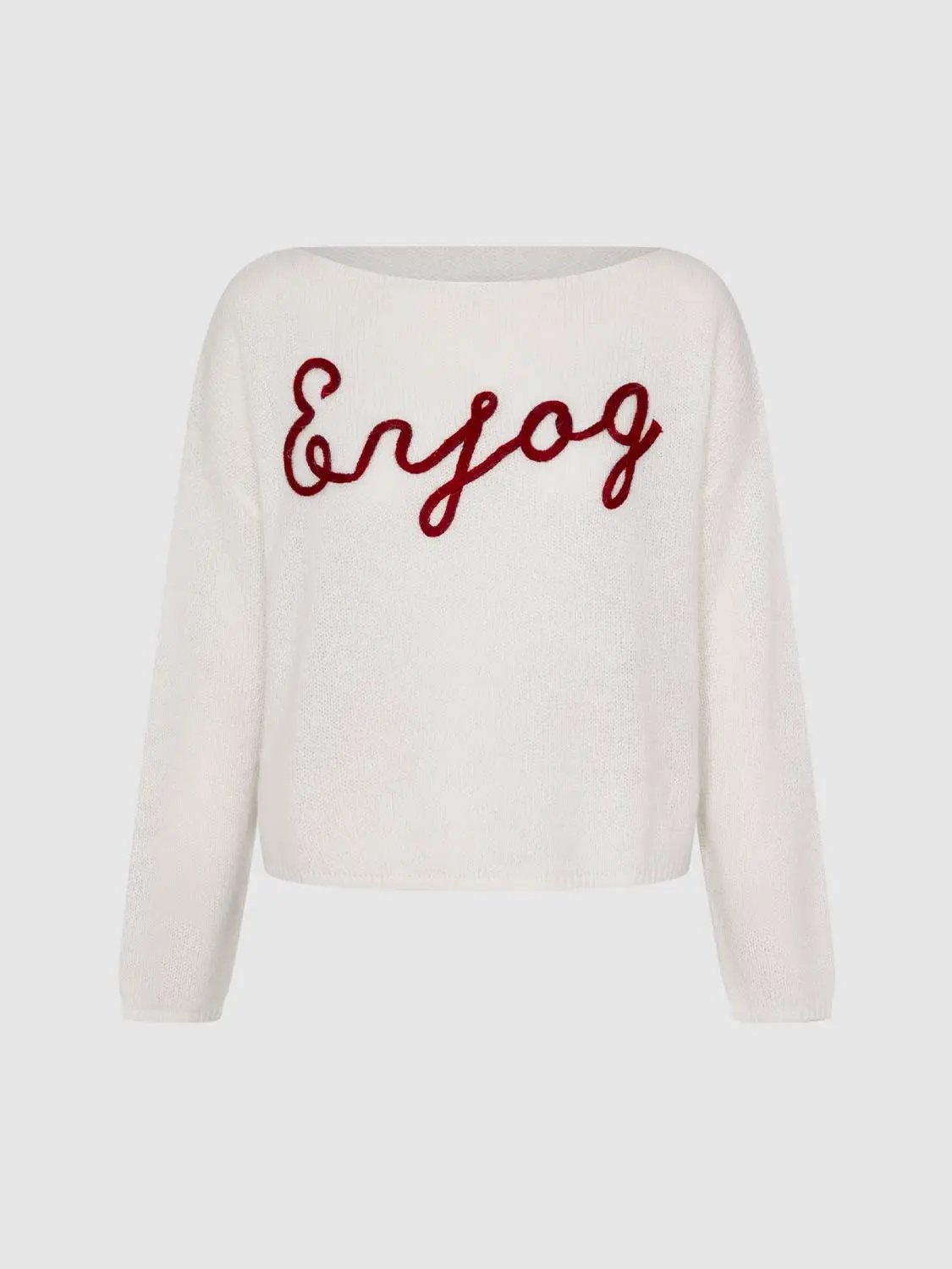 Knit lightweight sweater by Urban Revivo in white with red script embroidery on front.