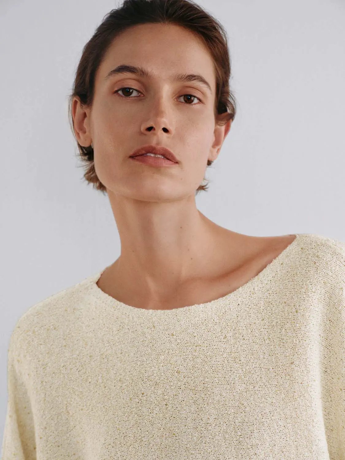 Oversized Cropped Textured Boat Neck Drop Shoulder Sweater, cream knit by Urban Revivo Fashion