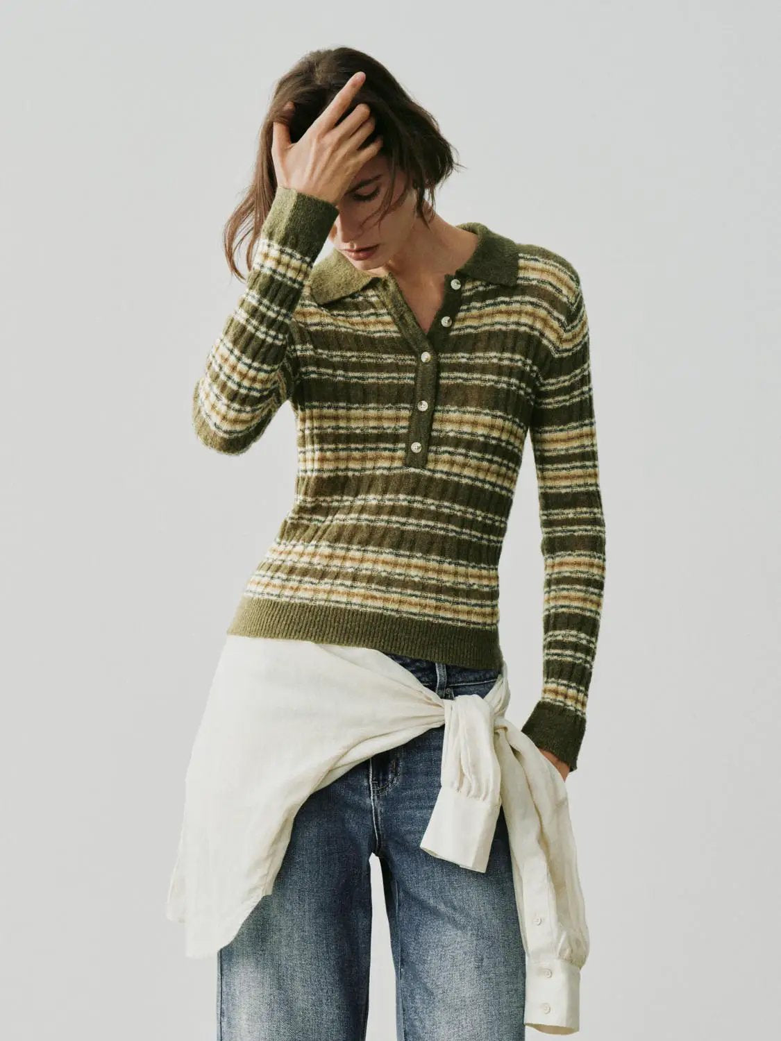 Knit T-Shirts olive-green striped collared knit top with button placket, long sleeves