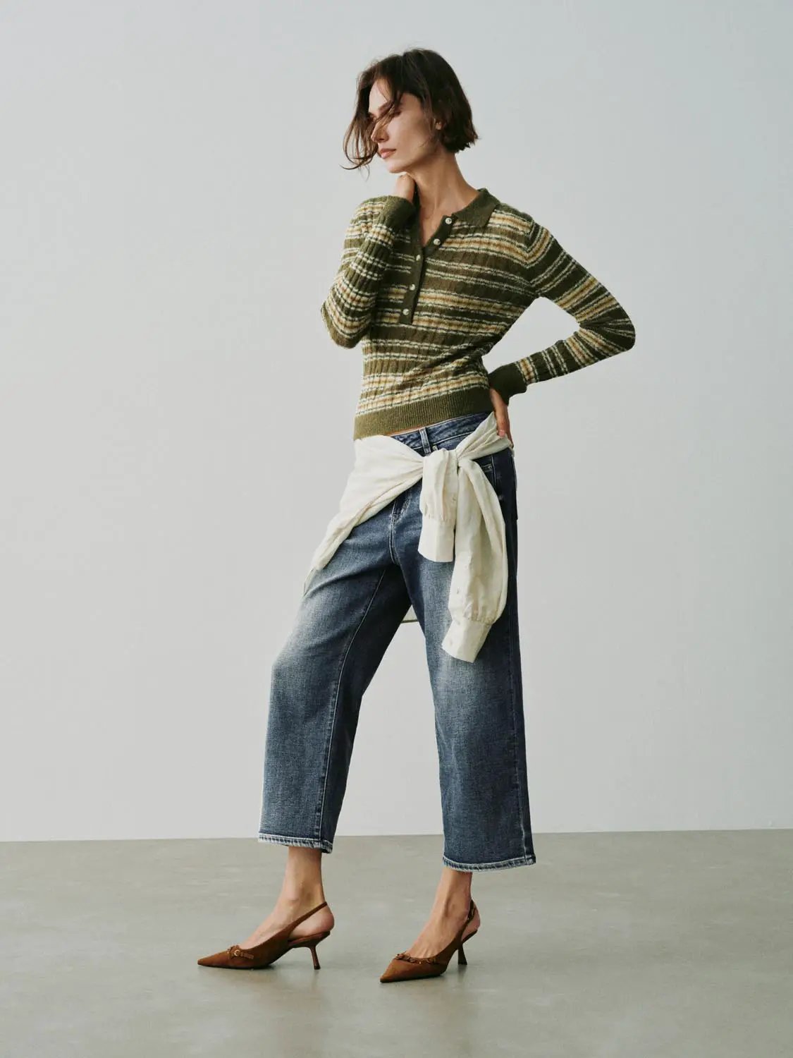 Knitted T-Shirts by Urban Revivo Fashion: green striped knit top with button placket, paired with blue jeans.