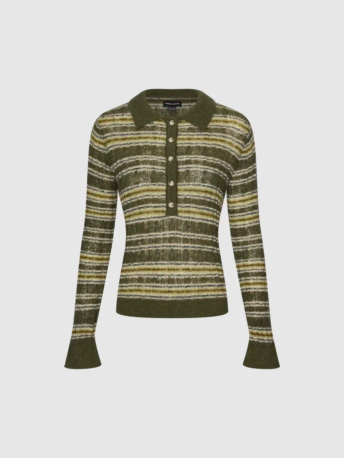 Knitted T-shirt with striped olive-green pattern, polo collar and button placket, Urban Revivo Fashion