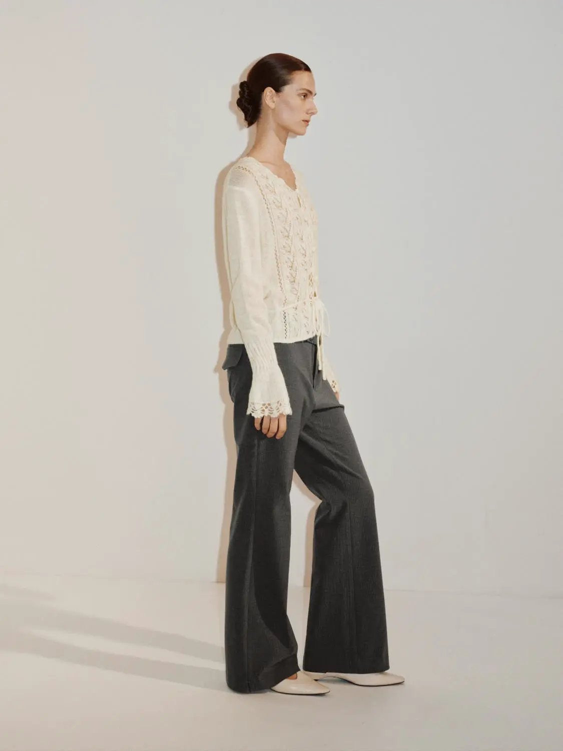 Textured button-front V-neck long-sleeve tie-waist cardigan in cream by Urban Revivo Fashion