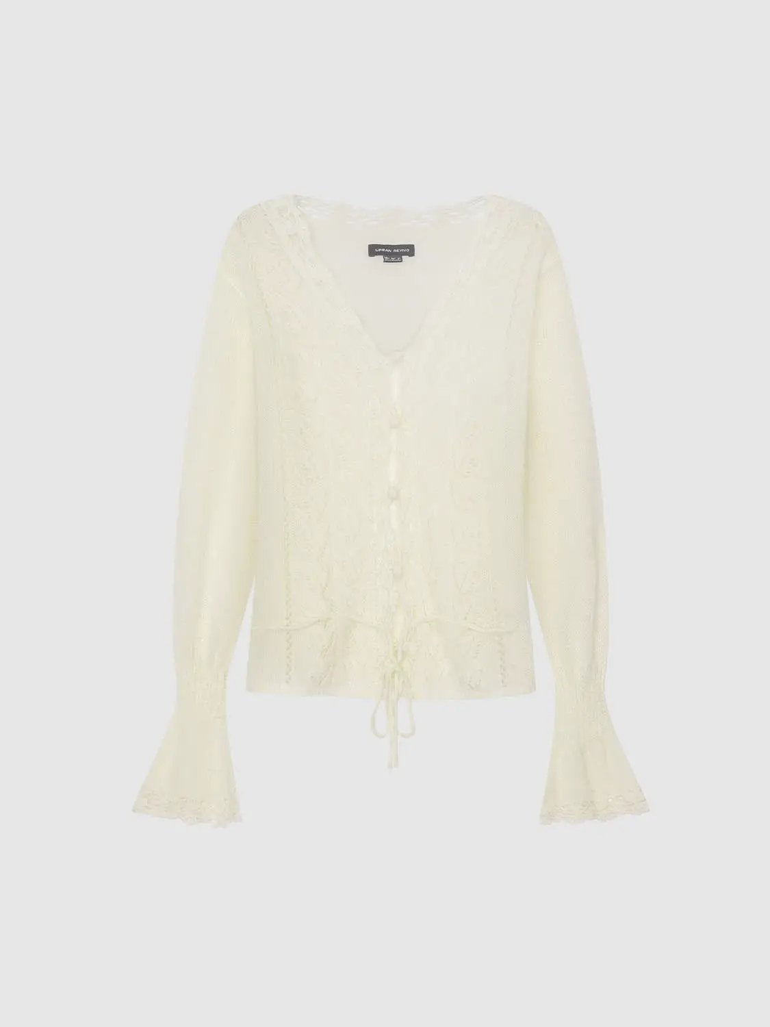 Textured button-front V-neck cardigan in ivory by Urban Revivo; long sleeves with tie waist