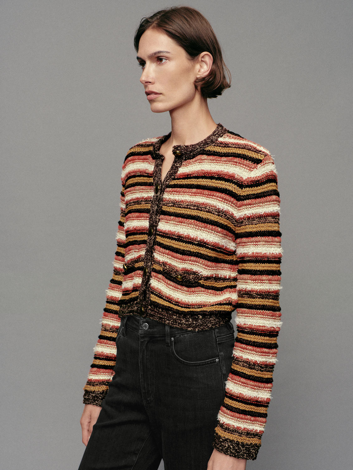 Striped knit cardigan, crew-neck, multicolor stripes, cotton-blend, Urban Revivo