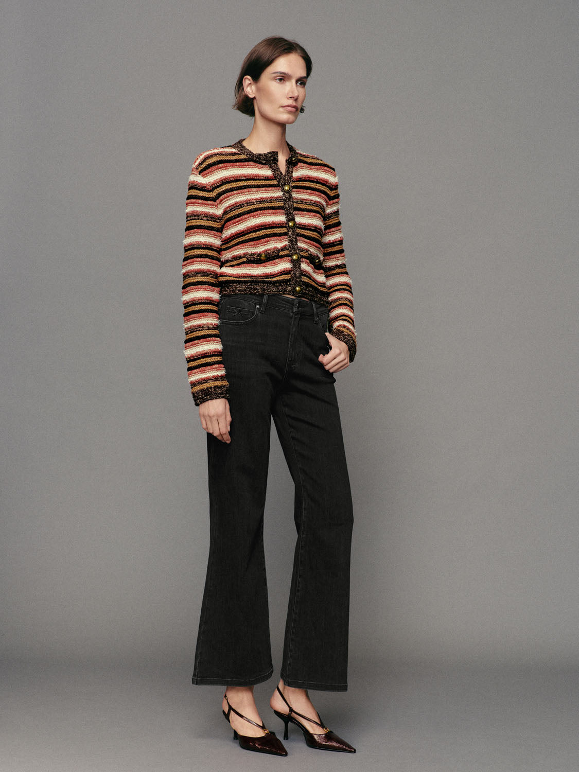 Striped cotton-blend knit cardigan with crew neck, long sleeves, gold-tone front buttons.