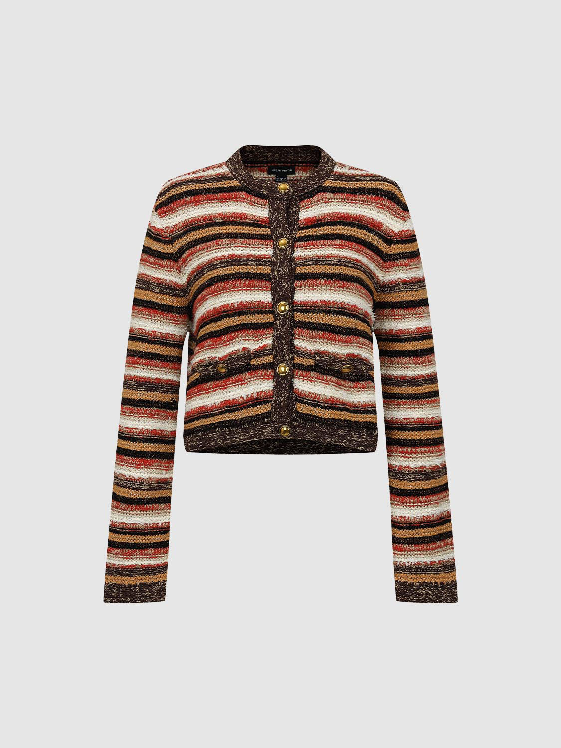 Striped knit crew-neck long-sleeve cotton-blend jacket with textured multicolor stripes and gold-tone buttons