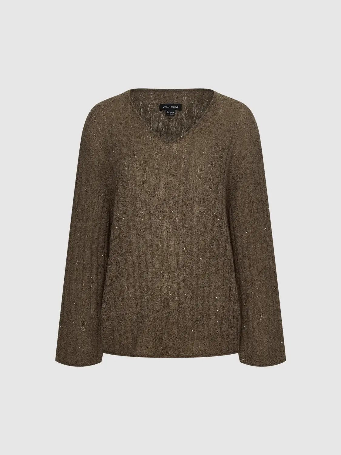 Textured long-sleeve V-neck knit T-shirt, brown with subtle metallic flecks, Urban Revivo.
