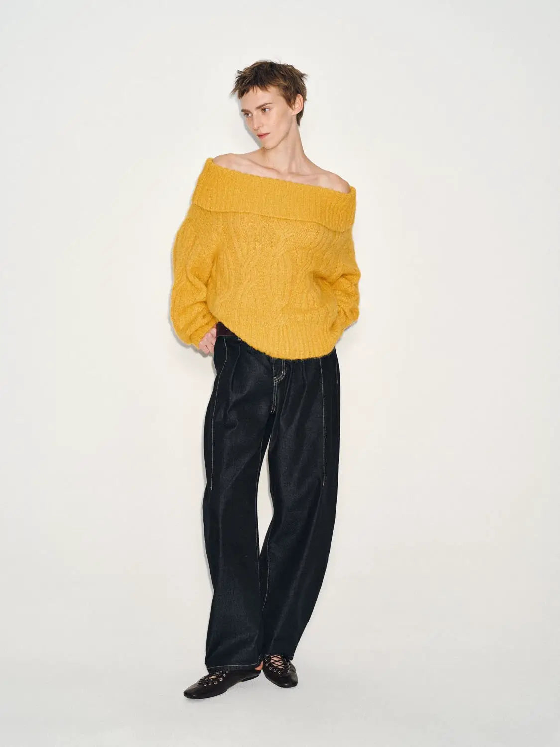 Knit T-Shirt mustard yellow oversized off-shoulder knit top with chunky cable-knit texture